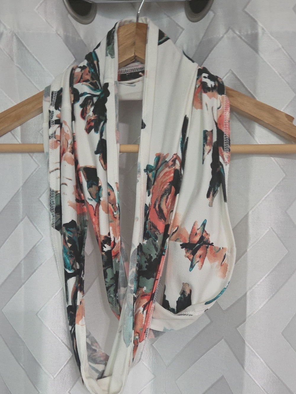 Floral Infinity Scarf Wrap in White with Coral & Teal Accents